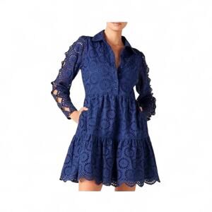 Figue Isabella Blue Eyelet Embroidered Cutout Sleeves Boho Mini Dress, Size XL